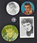 Four Elvis Presley Promotional Pins Plus Small Pocket B&W Photo with Exclusive RCA Victor Recording Artist Stamping on Back (5 items)