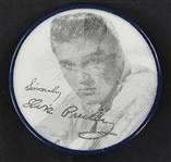 Four Elvis Presley Promotional Pins Plus Small Pocket B&W Photo with Exclusive RCA Victor Recording Artist Stamping on Back (5 items)