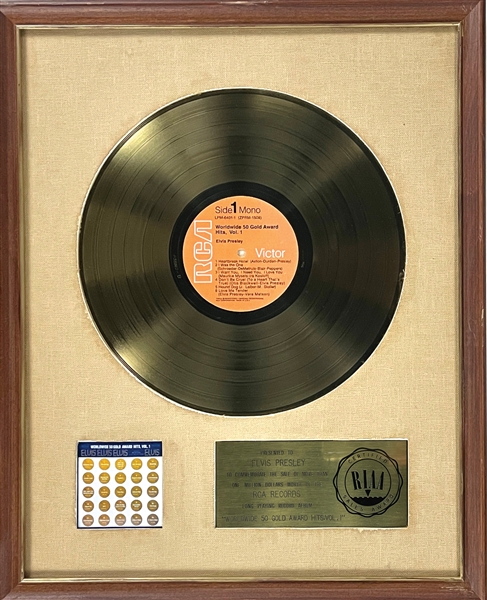 RIAA Gold Record Award for Elvis Presley’s 1970 LP <em>Worldwide 50 Gold Award Hits, Vol. 1</em> - "To Elvis Presley" - Certified in 1973 - White Linen Matte Style