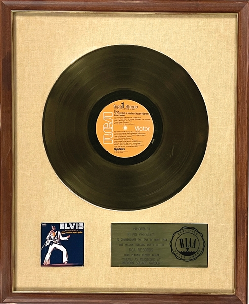 RIAA Gold Record Award for Elvis Presley’s 1972 LP <em>Elvis As Recorded at Madison Square Garden</em> - "To Elvis Presley" - Certified in 1972 - White Linen Matte Style