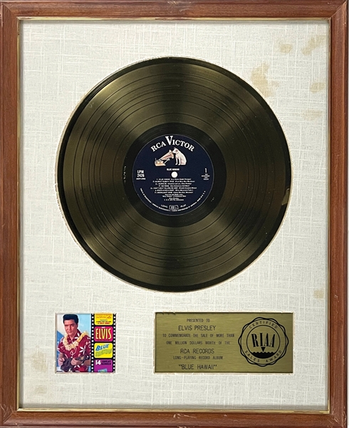 RIAA Gold Record Award for Elvis Presley’s 1961 Soundtrack  LP <em>Blue Hawaii</em> - "To Elvis Presley" - Certified in 1961 - White Linen Matte Style
