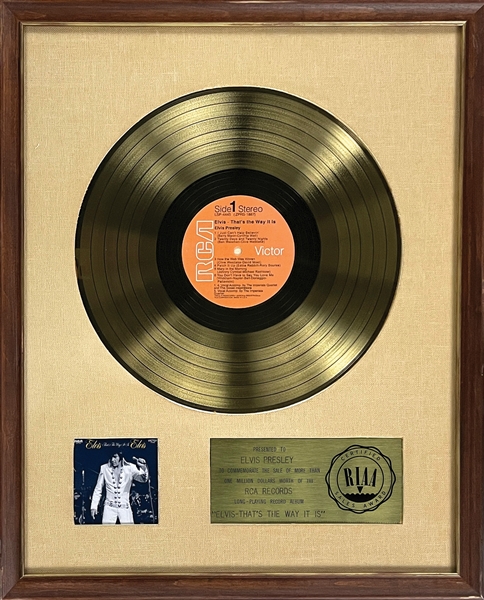 RIAA Gold Record Award for Elvis Presley’s 1970 LP <em>Elvis – Thats the Way It Is</em> - "To Elvis Presley" - Certified in 1973 - White Linen Matte Style