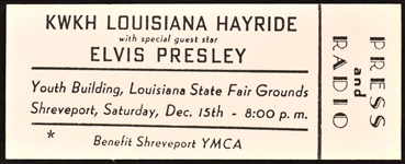 December 15, 1956, Full Press and Radio” Ticket for Elvis Presley at the Louisiana State Fairgrounds in Shreveport