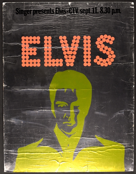 1968 Elvis Presley “Singer Presents Elvis” Mylar Poster – Rarely Seen Canadian "CTV" Promotional Item – Plus Original U.S. 2-Page Newspaper Ad for the Special (2 Items)