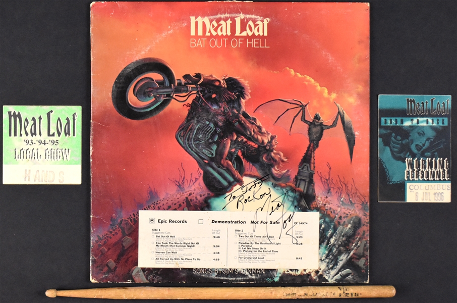 Meatloaf Double-Signed 1977 LP <em>Bat Out of Hell</em> “Not For Sale” White Label (BAS) Plus Stage-Used Drumstick and “Crew” Backstage Passes (2)