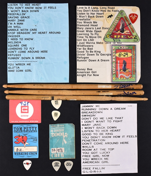 Tom Petty and the Heartbreakers Stage-Used Collection of Drumsticks, Set Lists, “Working Crew” Backstage Passes and Guitar Picks (17 Pieces)