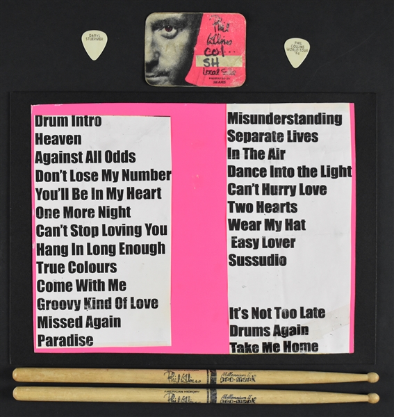 Phil Collins Stage-Used Set List, “Crew” Backstage Pass and Drum Sticks Plus Daryl Stuermer Picks (2)