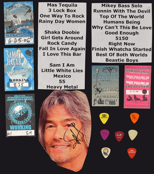 Sammy Hagar Autograph and Hagar and Van Halen Stage-Used Set Lists and  “WORKING CREW” Backstage Passes (5)