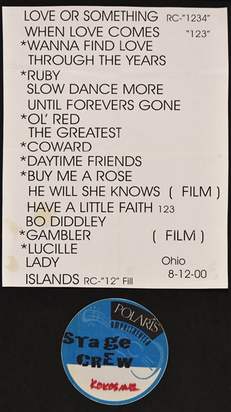 Kenny Rogers Stage-Used Set List and “STAGE CREW” Backstage Pass from August 12, 2000 Concert in Columbus, Ohio