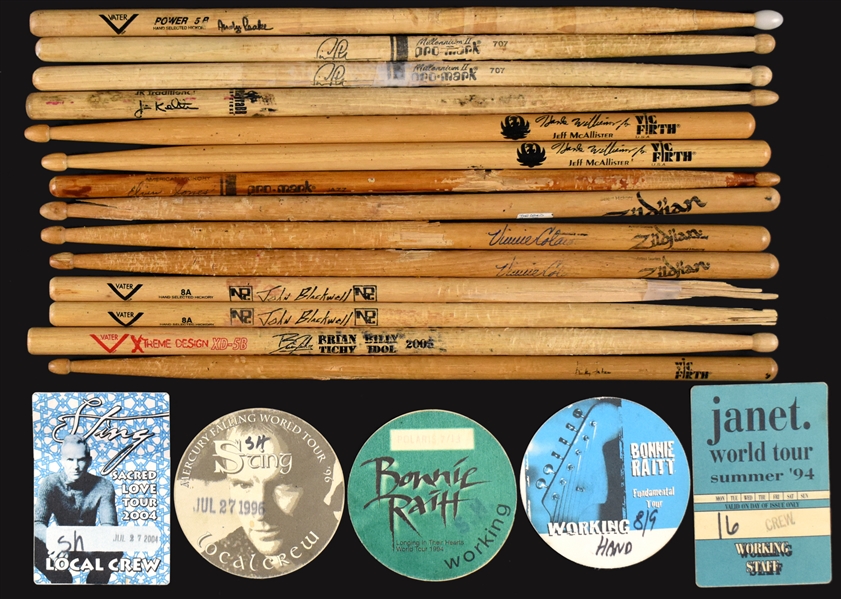 Stage-Used Drumstick Collection of 10 Different Incl. Drummers for Prince, Sting, David Bowie, Bonnie Raitt and Janet Jackson Plus Four Backstage CREW PassesDiff. “WORKING CREW” Backstage Passes