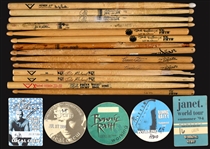 Stage-Used Drumstick Collection of 10 Different Incl. Drummers for Prince, Sting, David Bowie, Bonnie Raitt and Janet Jackson Plus Four Backstage CREW PassesDiff. “WORKING CREW” Backstage Passes