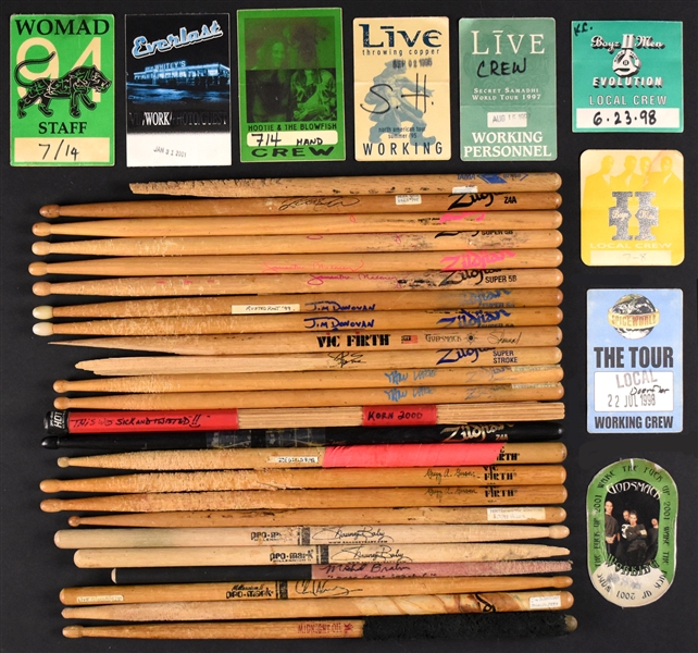 1990s Rock Band Stage-Used Drumstick Collection of 16 Different Incl. Drummers from Smashing Pumpkins, Hootie & The Blowfish, Korn, Nine Inch Nails and Others!