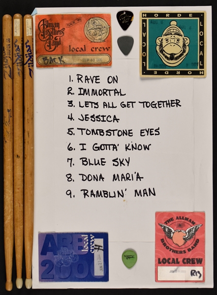 Allman Brothers Band Stage-Used Set List, Butch Trucks and Jaimoe Stage-Used Drumsticks (3) and “WORKING CREW Backstage Passes (4) 