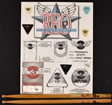 REO Speedwagon, Kansas and STYX Stage-Used Set Lists and Drumsticks (3), Plus Guitar Picks (27) and “WORKING CREW” Backstage Passes