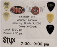REO Speedwagon, Kansas and STYX Stage-Used Set Lists and Drumsticks (3), Plus Guitar Picks (27) and “WORKING CREW” Backstage Passes