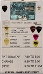 REO Speedwagon, Kansas and STYX Stage-Used Set Lists and Drumsticks (3), Plus Guitar Picks (27) and “WORKING CREW” Backstage Passes
