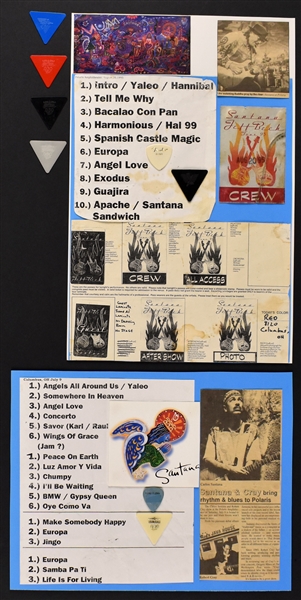 Carlos Santana Stage-Used Collection Incl. Drumsticks (4), Set Lists (4), Signed Photo (BAS), “WORKING CREW” Backstage Passes (2), Guitar Picks (9) and Other Ephemera (34 Pieces Total!)