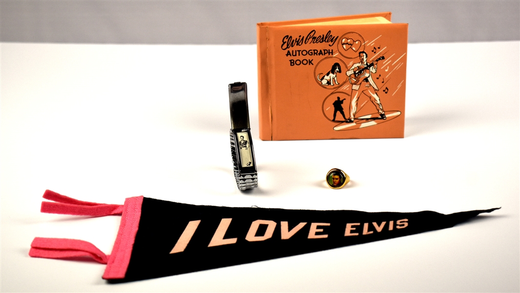 1956 Elvis Presley Enterprises Autograph Book, "I Love Elvis" Pennant, 1961 Elvis Bracelet and 1956 Elvis Ring