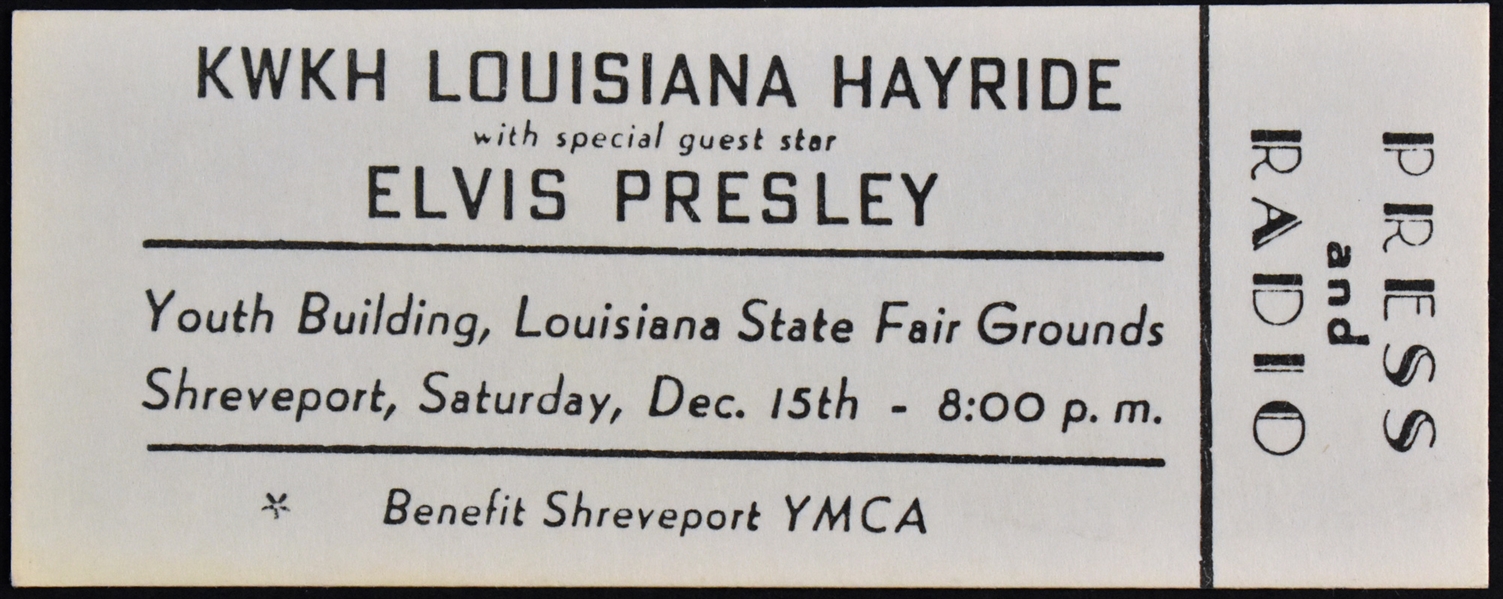 December 15, 1956, Full Press and Radio” Ticket for Elvis Presley at the Louisiana State Fairgrounds in Shreveport