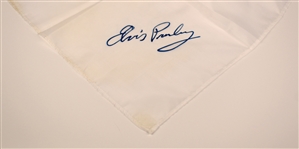 Elvis Presley Stage-Worn White Facsimile Signature Scarf Given to a Fan From the Stage at The Cleveland Coliseum in 1975