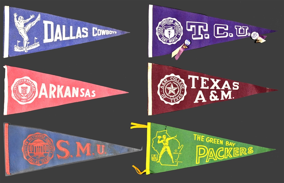 1960s NFL and College Football Pennant Collection of 6 with Dallas Cowboys, Green Bay Packers and Others
