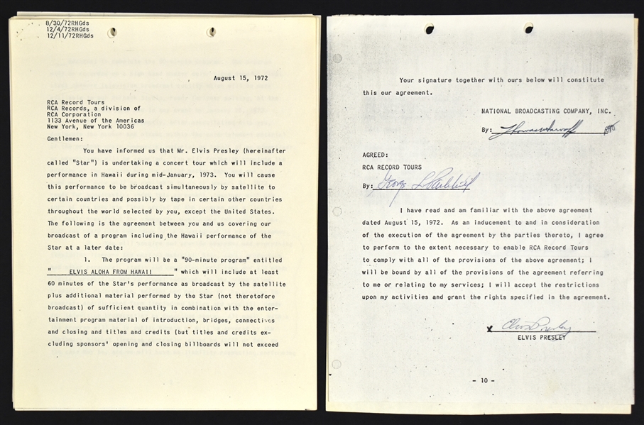 1972 Elvis Presley Signed Contract with RCA and NBC for 1973 <em>Elvis: Aloha from Hawaii</em> - Also Includes "Sale" to Elvis of His <em>68 Comeback</em> NBC TV Special (BAS)