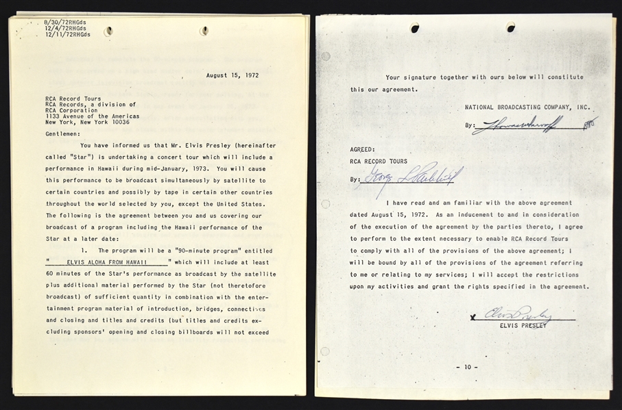 1972 Elvis Presley Signed Contract with RCA and NBC for 1973 <em>Elvis: Aloha from Hawaii</em> - Also Includes "Sale" to Elvis of His <em>68 Comeback</em> NBC TV Special (BAS)