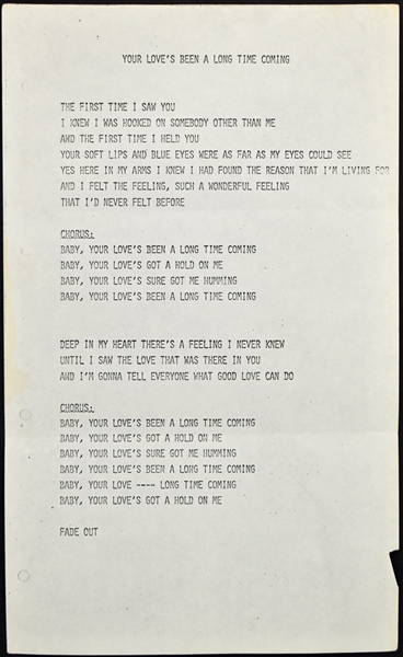 Elvis Presley Lyric Sheet for "Your Loves Been A Long Time Coming" from His Personal On-Stage Concert Binders - from Tour Manager/Photographer Ed Bonja