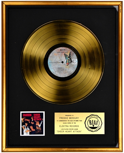 RIAA Gold Record Award for Queens 1974 LP <em>Sheer Heart Attack</em> - “Presented to FREDDIE MERCURY”