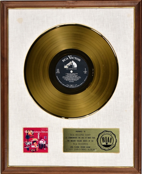 RIAA Gold Record Award for Elvis Presley 1957 LP <em>Elvis Christmas Album</em> - “Presented to RCA RECORD CORP” - Early White Linen Matte Style