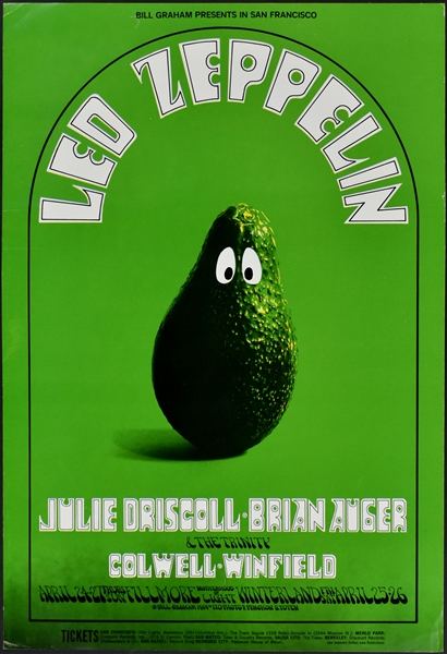 1969 Led Zeppelin "Avocado" BG-170 Bill Graham Concert Poster FIRST PRINTING - April 24-27, 1969 Fillmore/Winterland