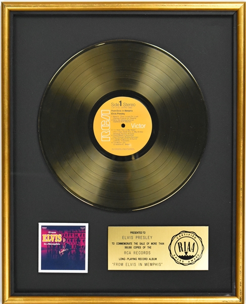 RIAA Gold Record Award for Elvis Presleys 1969 LP <em>From Elvis in Memphis</em> - “Presented to Elvis Presley”