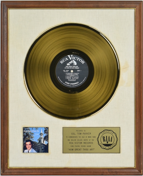 RIAA Gold Record Award for Elvis Presleys 1967 LP <em>How Great Thou Art</em> - “Presented to Col. Tom Parker” - Early White Linen Matte Style