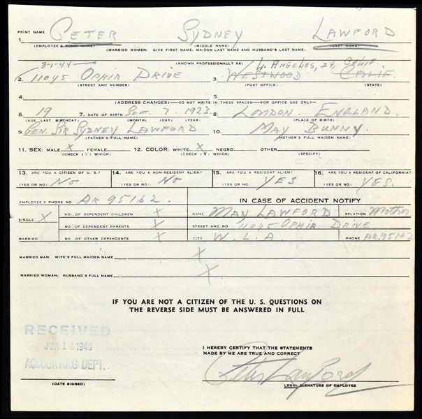 Peter Lawford Signed Document - Signed on Front and Back!