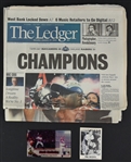 SPORTS COLLECTION with Phil Rizzuto Signed Card Plus Mark McGwire Item and Historic Newspapers (4 Items)