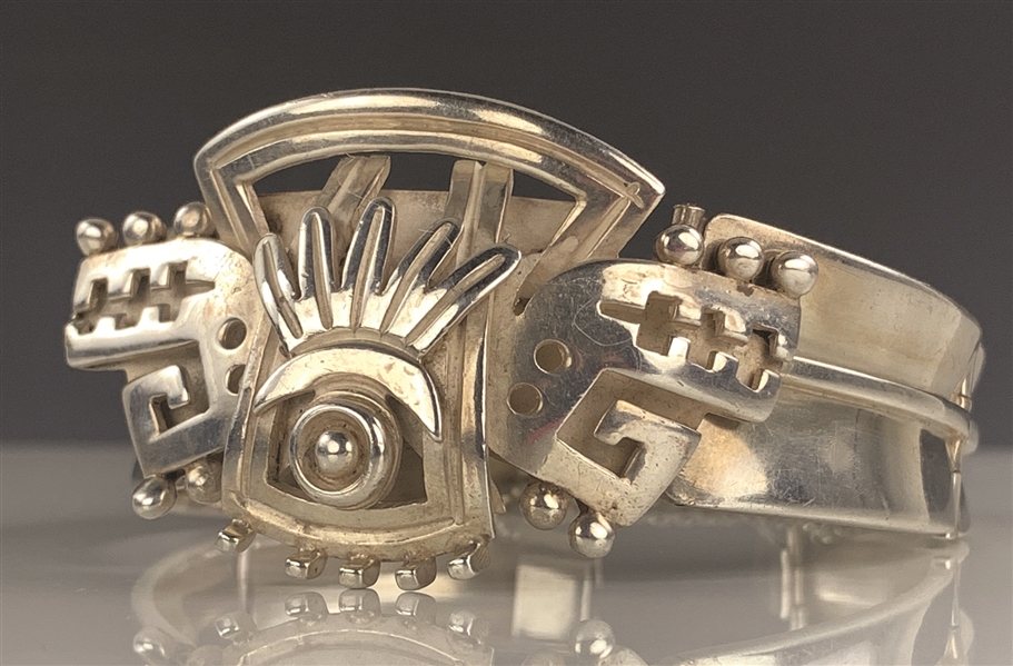 Elvis Presley Owned Stunning Ornate Aztec Sterling Silver Bracelet by Noted Jewelry Designer Alfredo Villasana Given to His Cousin Patsy Presley