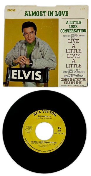 1968 Elvis Presley RCA Victor Yellow Label  “Not For Sale” 45 RPM Single “A Little Less Conversation" / "Almost In Love” with Picture Sleeve (47-9610) - <em>LIve a Little, Love a Little</em>
