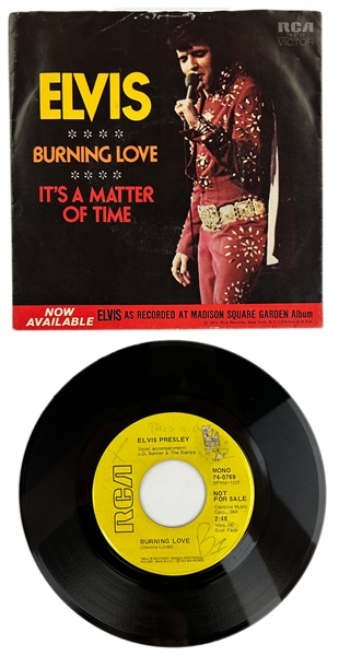 1972 Elvis Presley RCA Victor Yellow Label  “Not For Sale” 45 RPM Single “Burning Love" / "Its a Matter of Time” with Picture Sleeve (74-0769) 