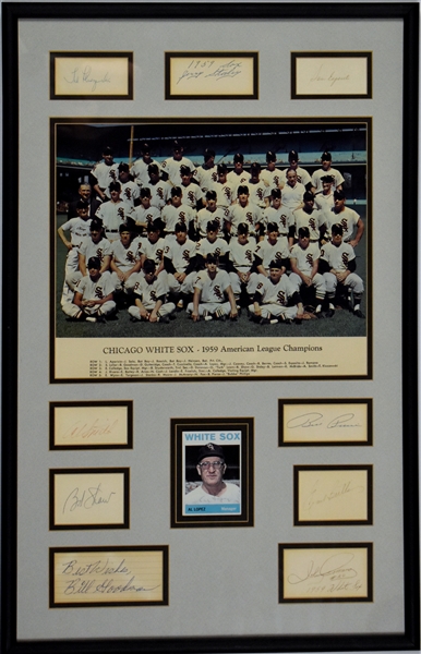 1959 Chicago White Sox Signed Displays Pair - Incl. Ted Kluszewski, Billy Pierce and Al Lopez - Plus Pennant (BAS)