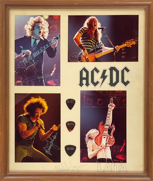 AC/DC Band-Signed Photographs Display with Stage Acquired Guitar Picks (BAS) - Angus Young, Malcom Young, Brian Johnson and Cliff Williams