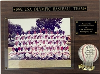 1992 Team USA Olympic Baseball Team Signed Baseball with 19 Signatures in Display w/Team Photo Incl. Jason Varitek and Nomar Garciaparra (BAS)