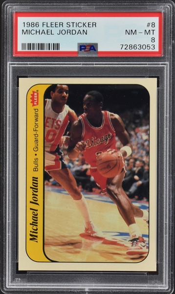 1986 Fleer Basketball Stickers #8 Micheal Jordan - PSA NM-MT 8