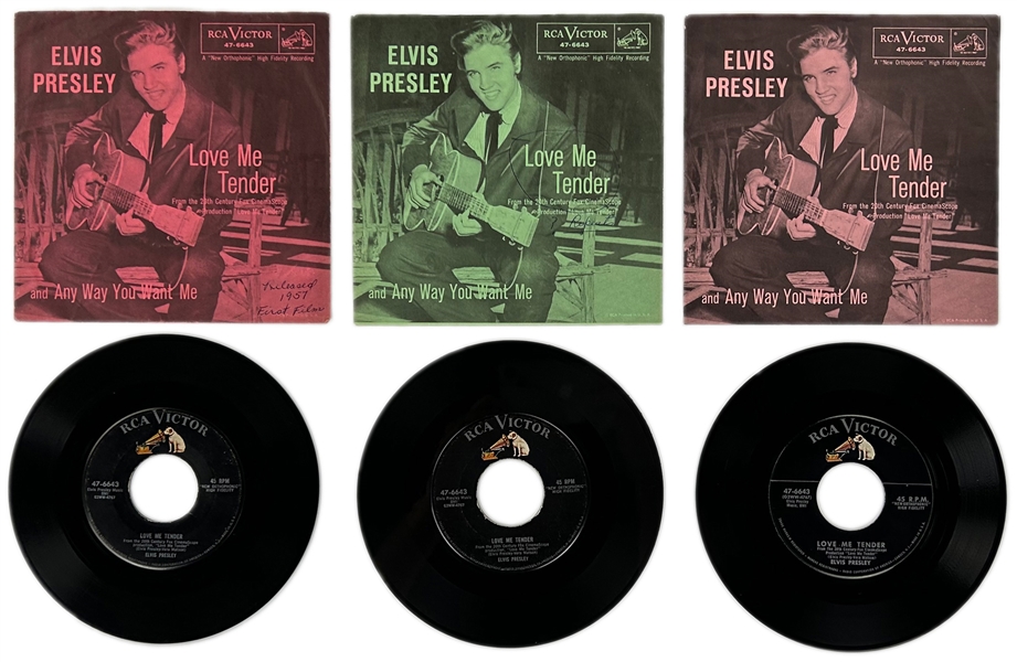 Three Variations of Elvis Presleys 1956 RCA 45 RPM Single <em>Love Me Tender</em> - Incl. Dark Pink, Light Pink and Green Sleeves