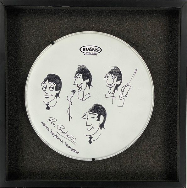 Ron Campbell Hand-Drawn and Signed Drumhead of The Beatles -  Animator from <em>Yellow Submarine</em> and <em>The Beatles</em> TV Show (BAS)