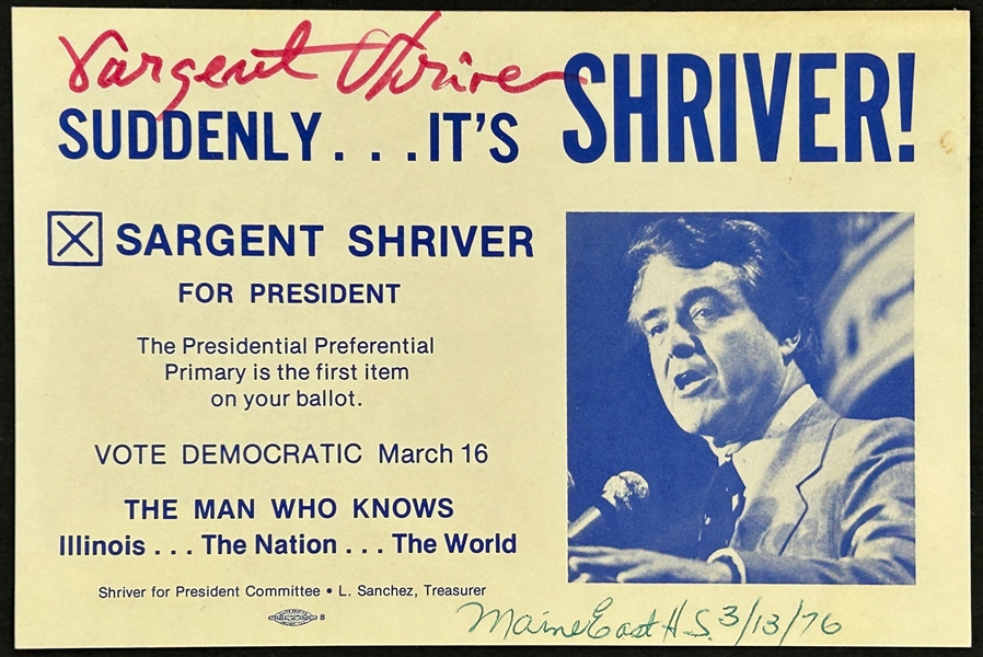 Sargent Shriver Signed 1976 Presidential Candidate Handbill (BAS)