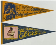 1970s Elvis Presley Souvenir Pennants (2) Incl. "Elvis Summer Festival / International Hotel" Yellow Version and "I LOVE YOU ELVIS / The King of Rock and Roll" with Photo Attached