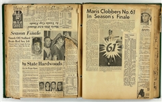 1961 New York Yankees Newspaper Scrap Chronicalling Roger Maris' 61 Home Runs Plus 1961 World Series Game 5 Ticket Stub