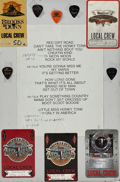Brooks & Dunn Stage-Acquired Set List, Guitar Picks and Working Crew Backstage Passes (11 Items)