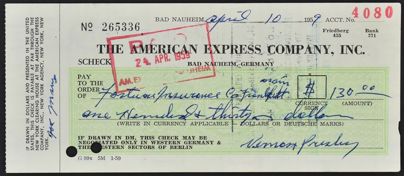 1959 Elvis Presley American Express Check Signed by Vernon Presley (BAS)