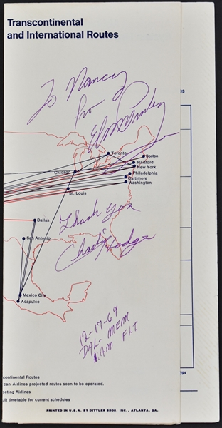 1969 Elvis Presley Signed American Airlines Map - Date "12-17-69" - Also Signed by Charlie Hodge (PSA)